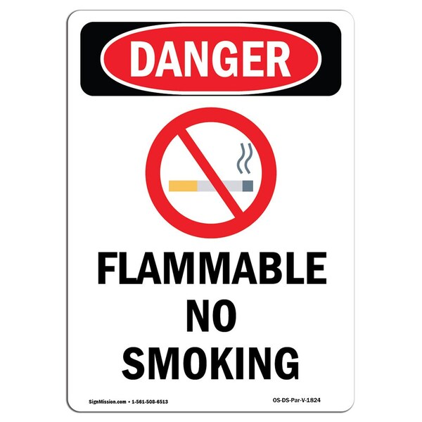 Safety Sign, OSHA Danger, 24" Height, Aluminum, Flammable No Smoking, Portrait